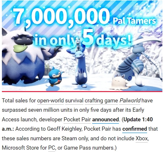 Palworld sold seven millions copy in only 5 days